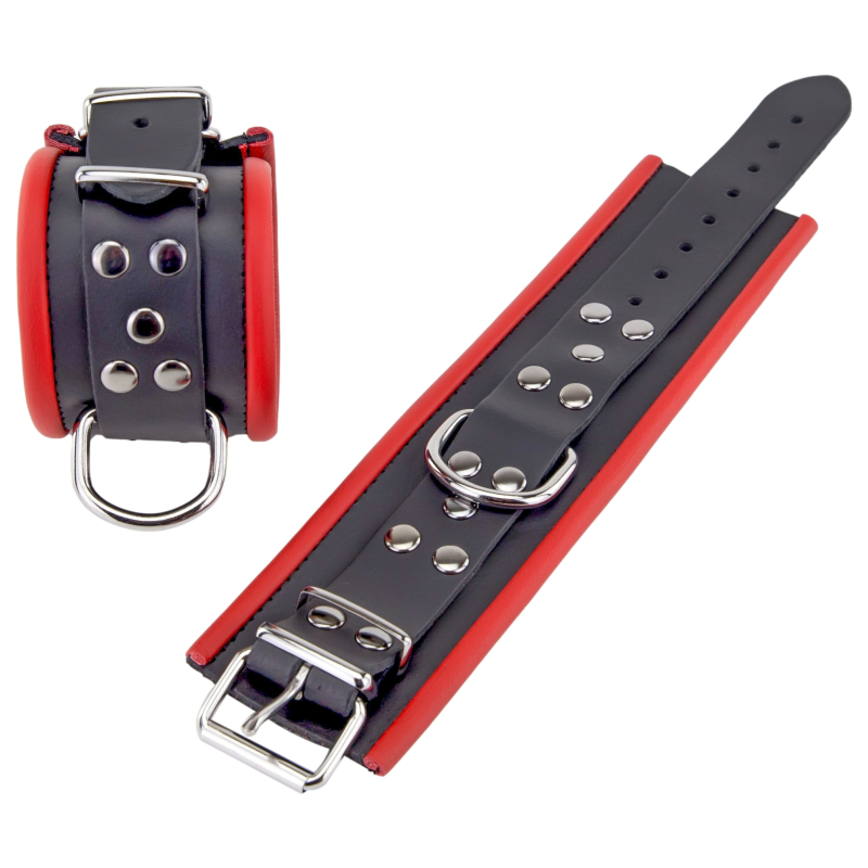 menottes en cuir pour poignets noir rouge 3