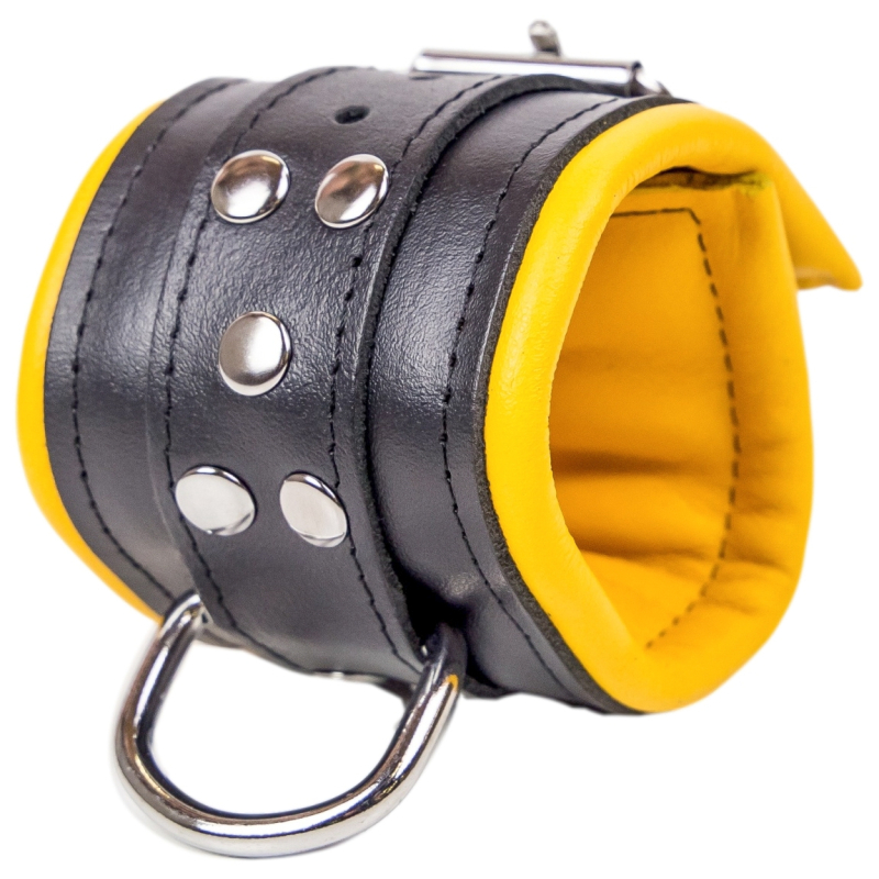 menottes en cuir rembourrees noir jaune 4
