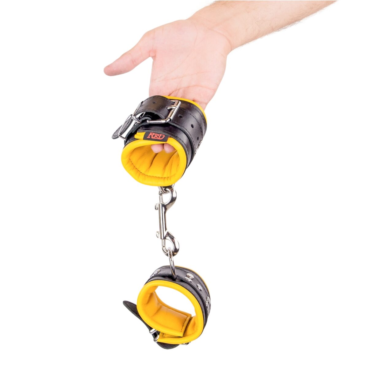 menottes en cuir rembourrees noir jaune 6