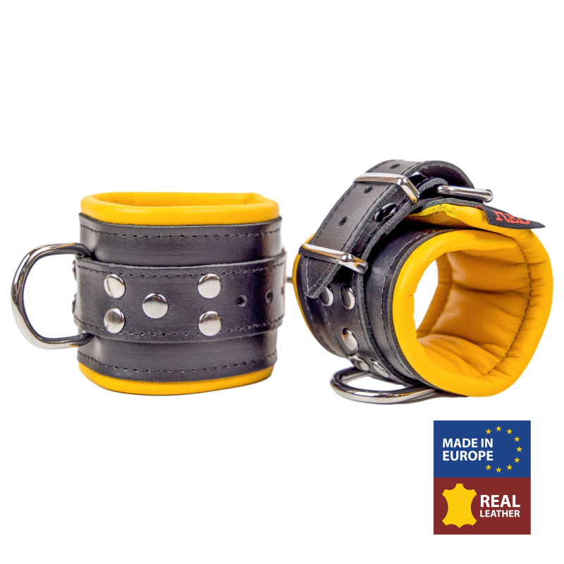 menottes en cuir rembourrees noir jaune