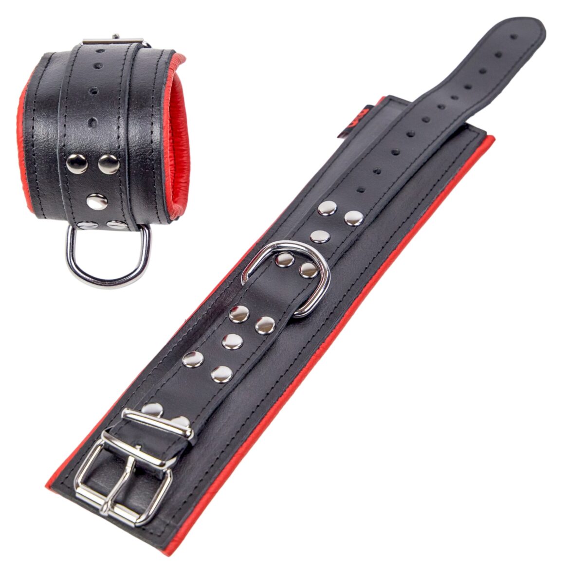 menottes rembourrees en cuir pour les chevilles noir rouge 3