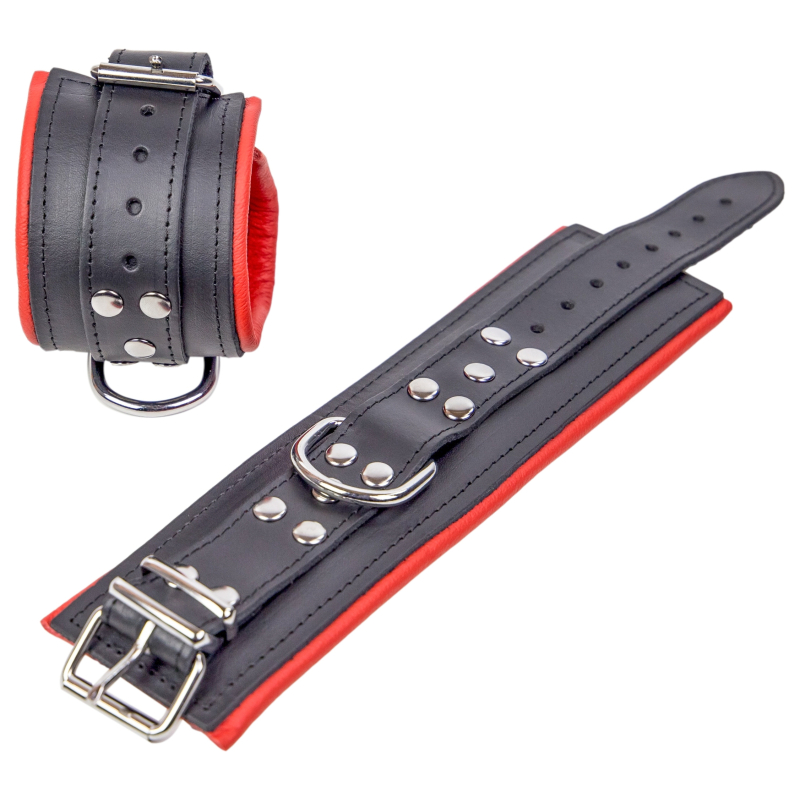 menottes rembourrees en cuir pour les poignets noir rouge 4