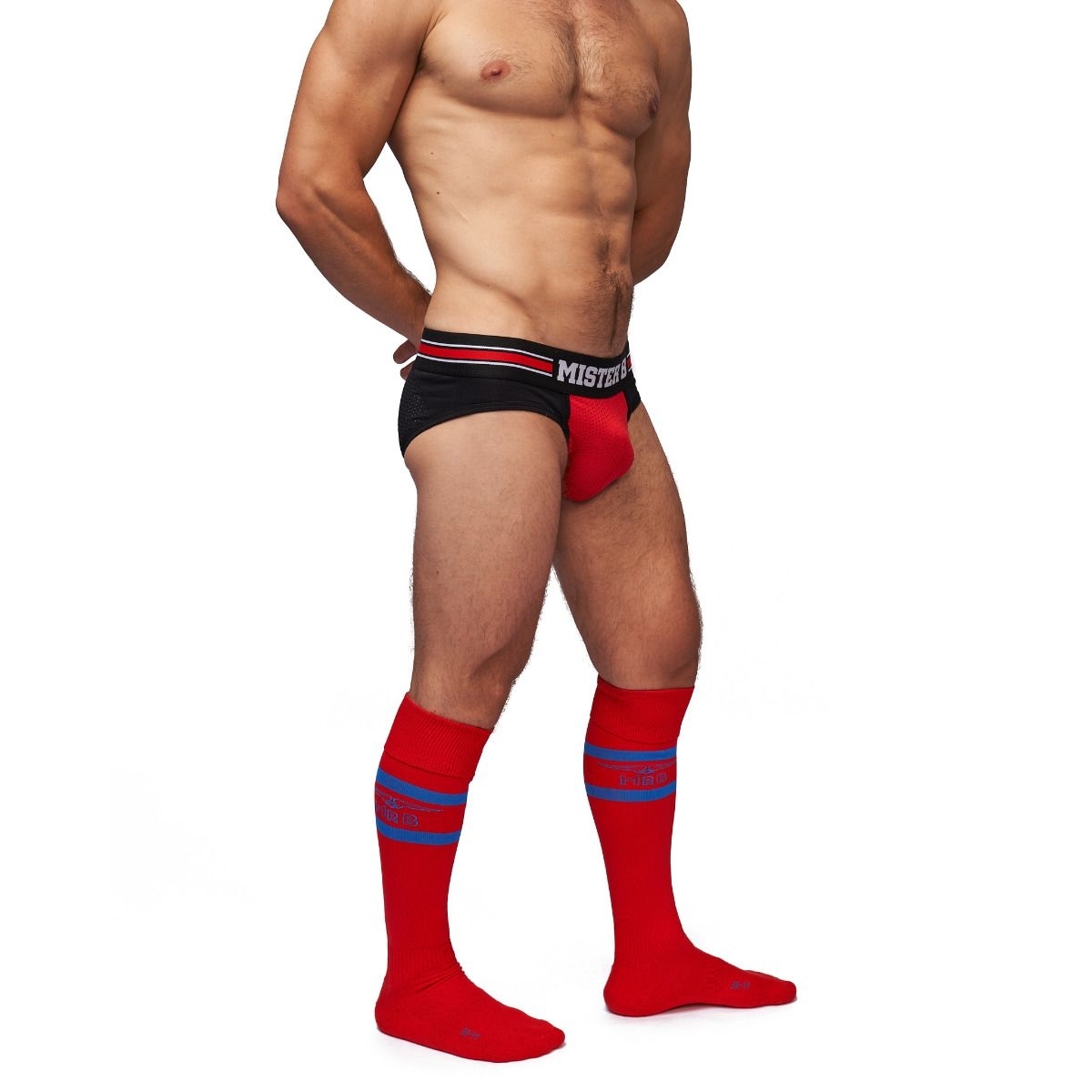 mister b urban football socks with pocket red blue 3