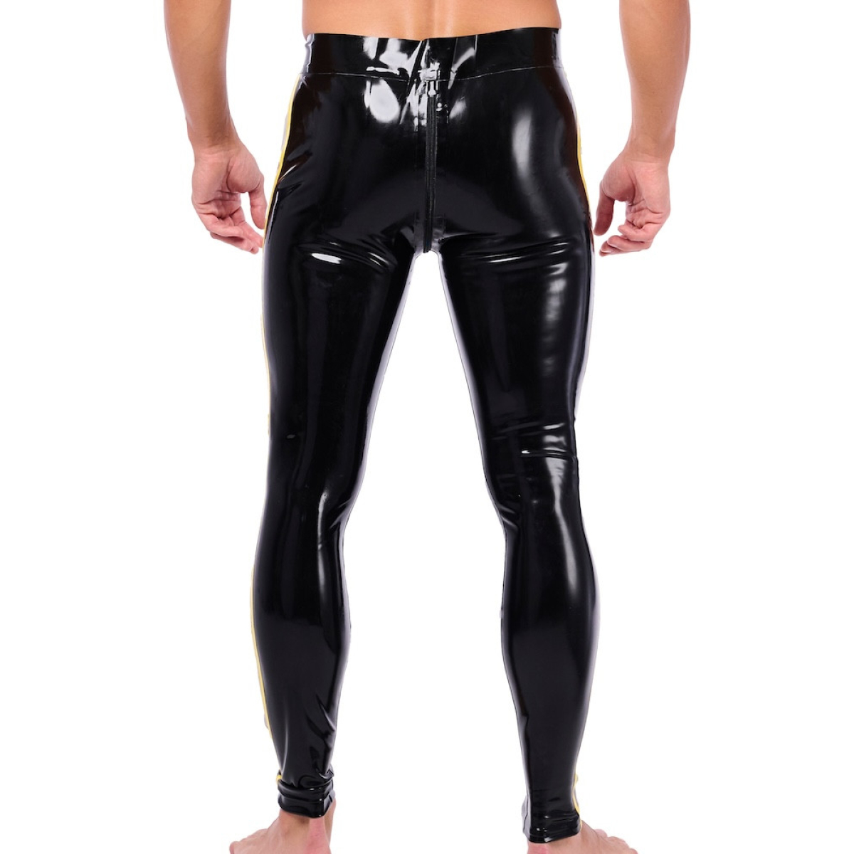pantalon en latex xrub avec zip avant arriere noir jaune 1