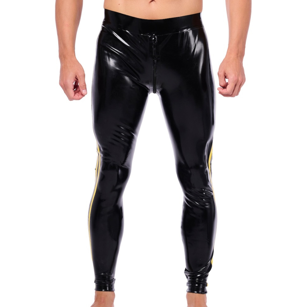 pantalon en latex xrub avec zip avant arriere noir jaune 2