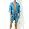 peignoir effet satine long slit bleu turquoise 1