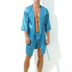 peignoir effet satine long slit bleu turquoise 1