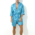peignoir effet satine long slit bleu turquoise