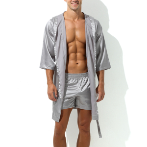 peignoir effet satine long slit gris
