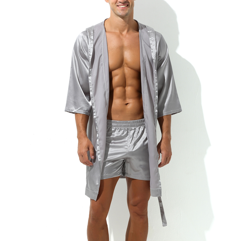 peignoir effet satine long slit gris