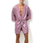 peignoir effet satine long slit rose