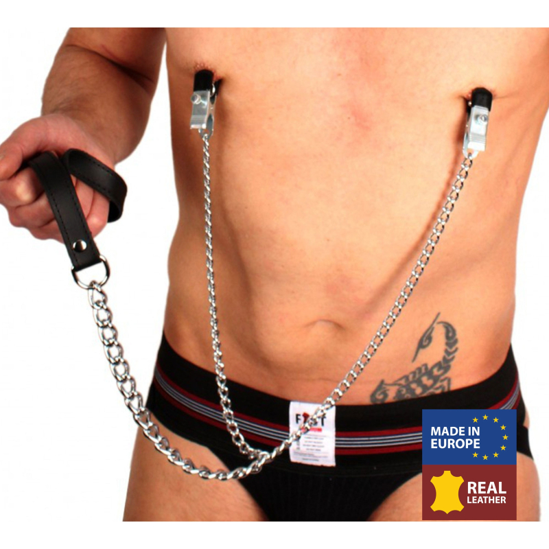 pinces a seins laisse metal cuir