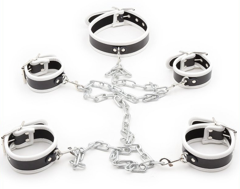 set de restriction collier et menottes noir blanc