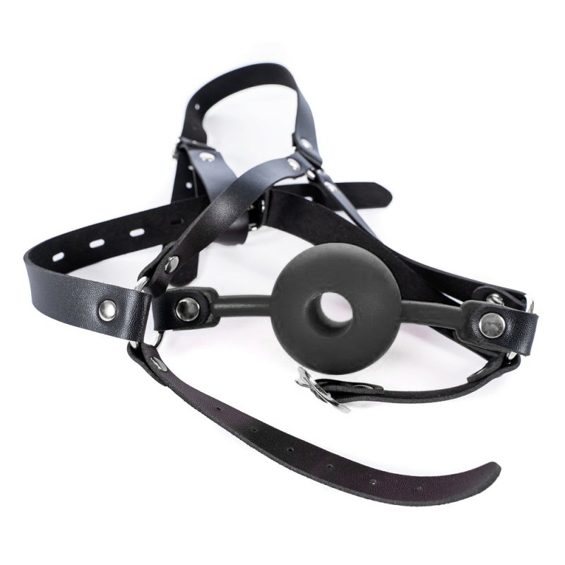 silicone hollow mouth gag with harness black 1