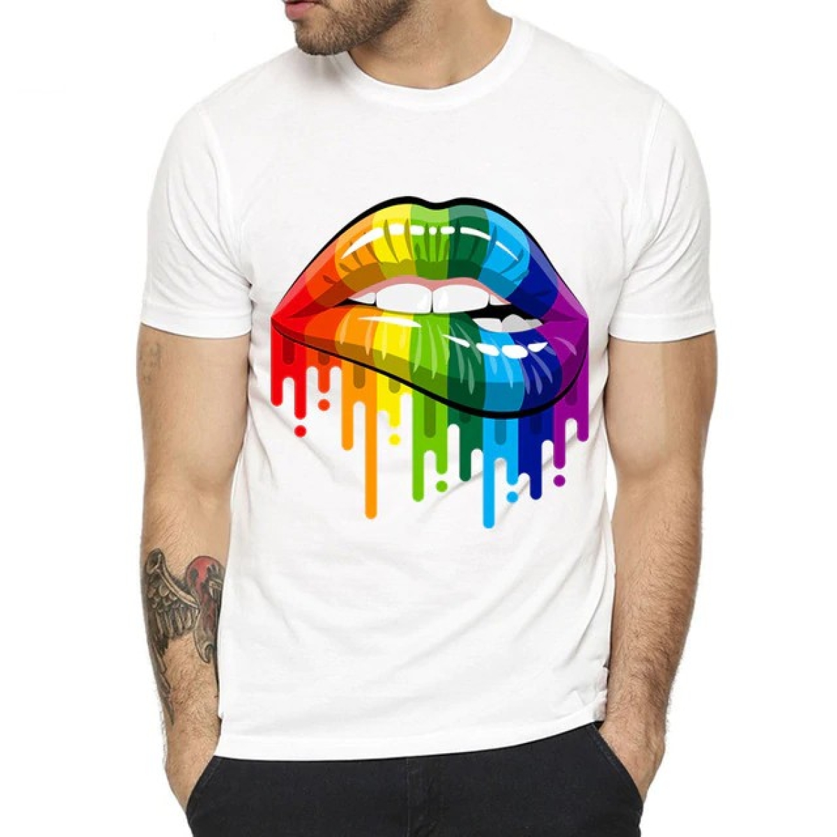 t shirt rainbow lips blanc