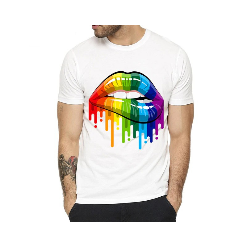 t shirt rainbow lips blanc