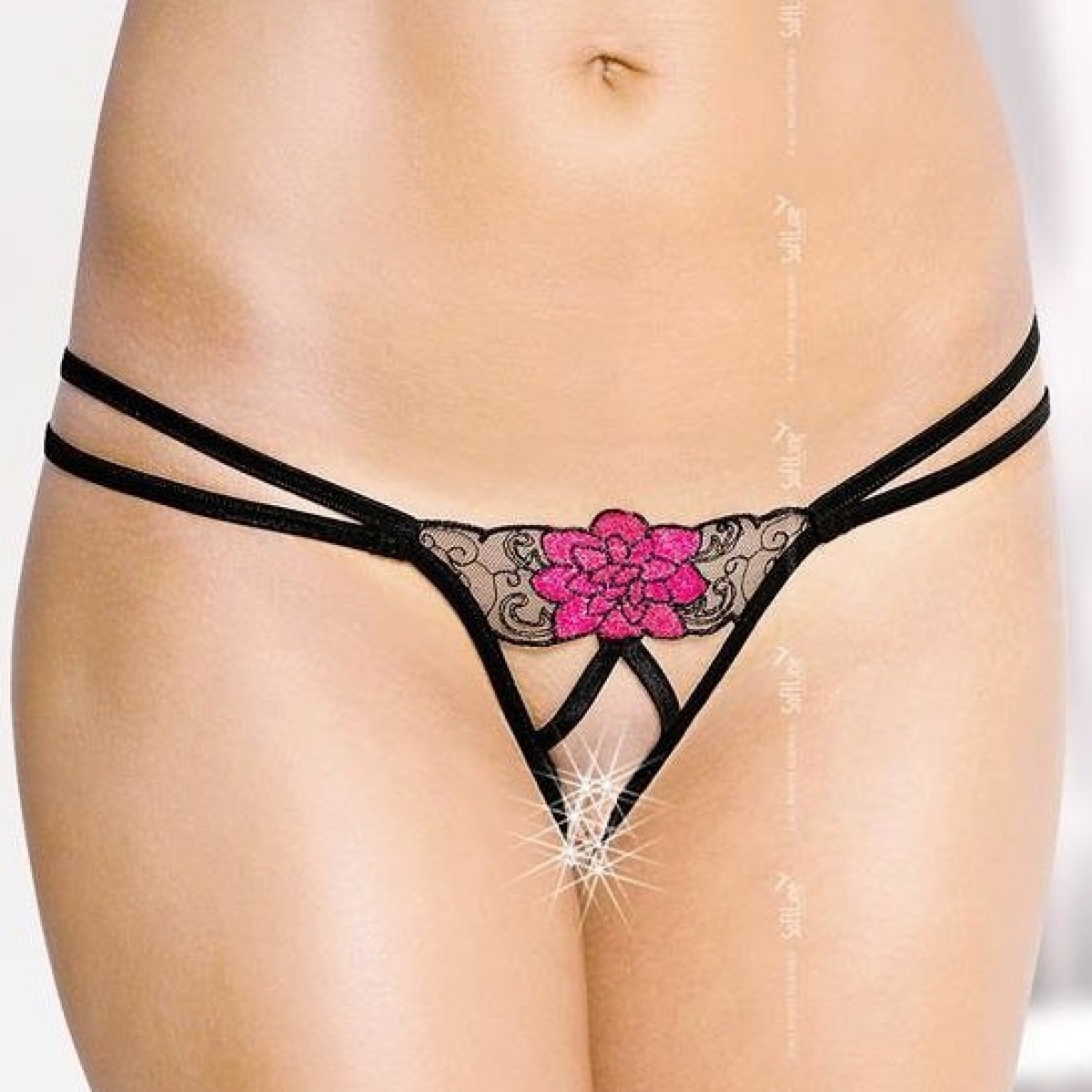 tanga ouvert begnina noir et rose